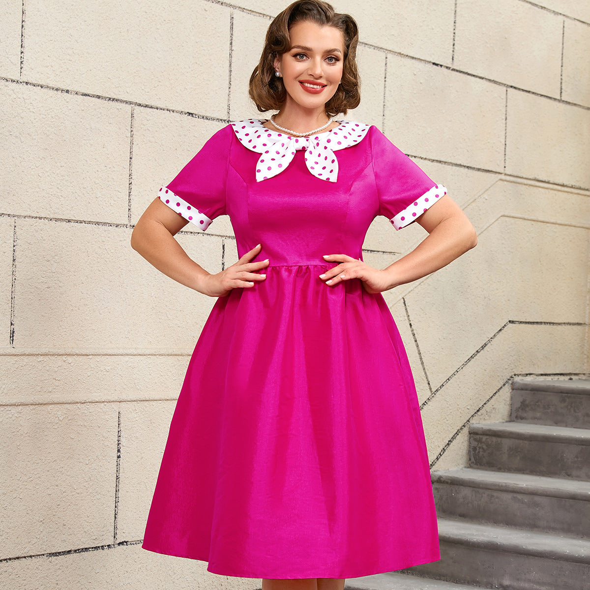 Plus Size Contrast Color Polka Dot Rose A-Line Career Dress