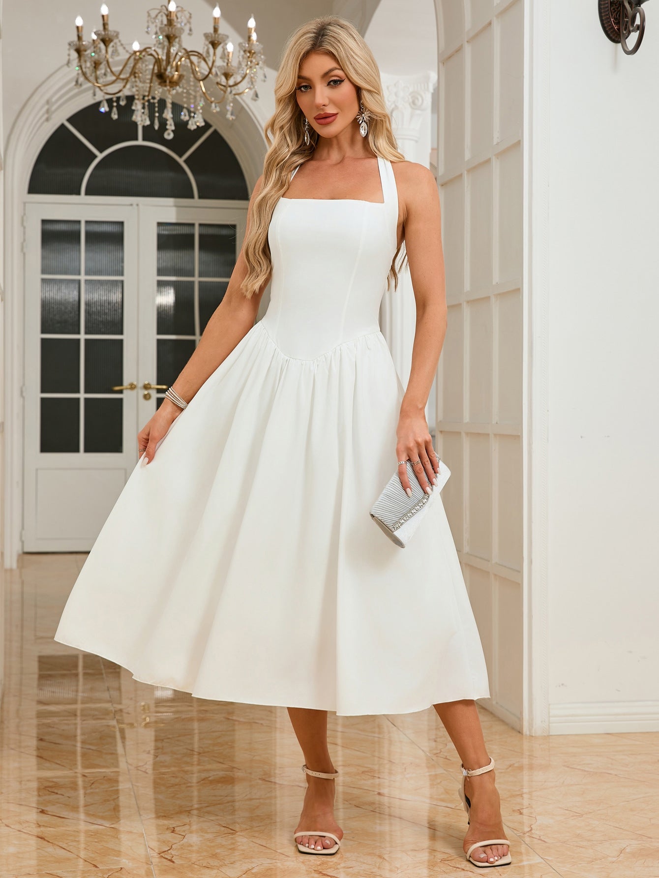 Women Sleeveless Halter Neck Backless Strap Dress 6