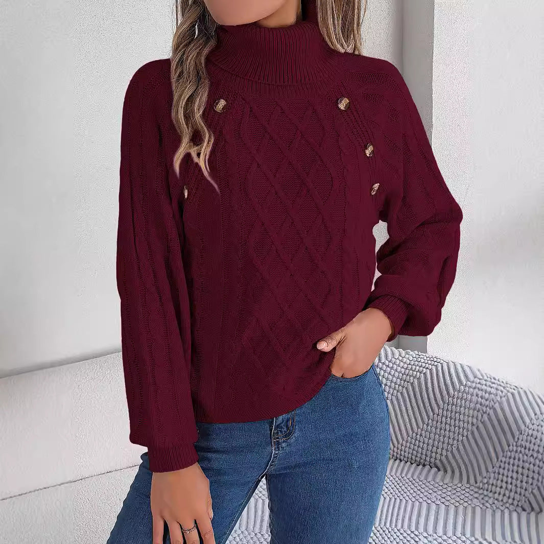 Autumn Winter Casual Solid Color Button Twisted High-Necked Long Sleeve Pullover Sweater Women's Clothing 8