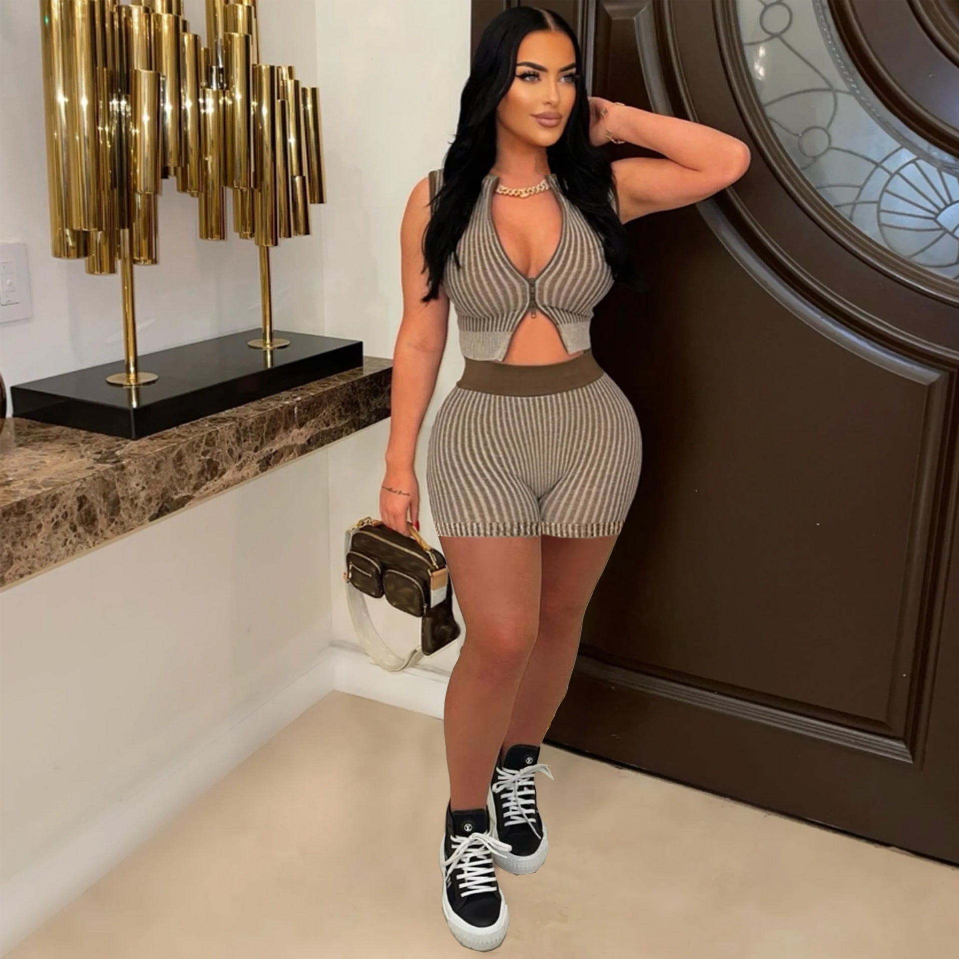 Women Knitting Zipper Top and Shorts Casual Two-piece Set 6