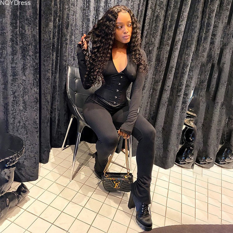 Women's Autumn Solid Color Corset Zipper Tight Fitting Casual Jumpsuit Two Piece Set