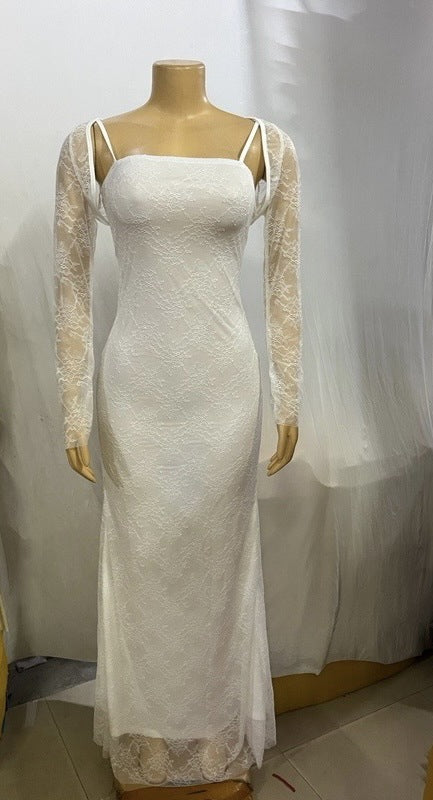 Women Sexy Suspender Backless Strapless Lace Dress Set 5