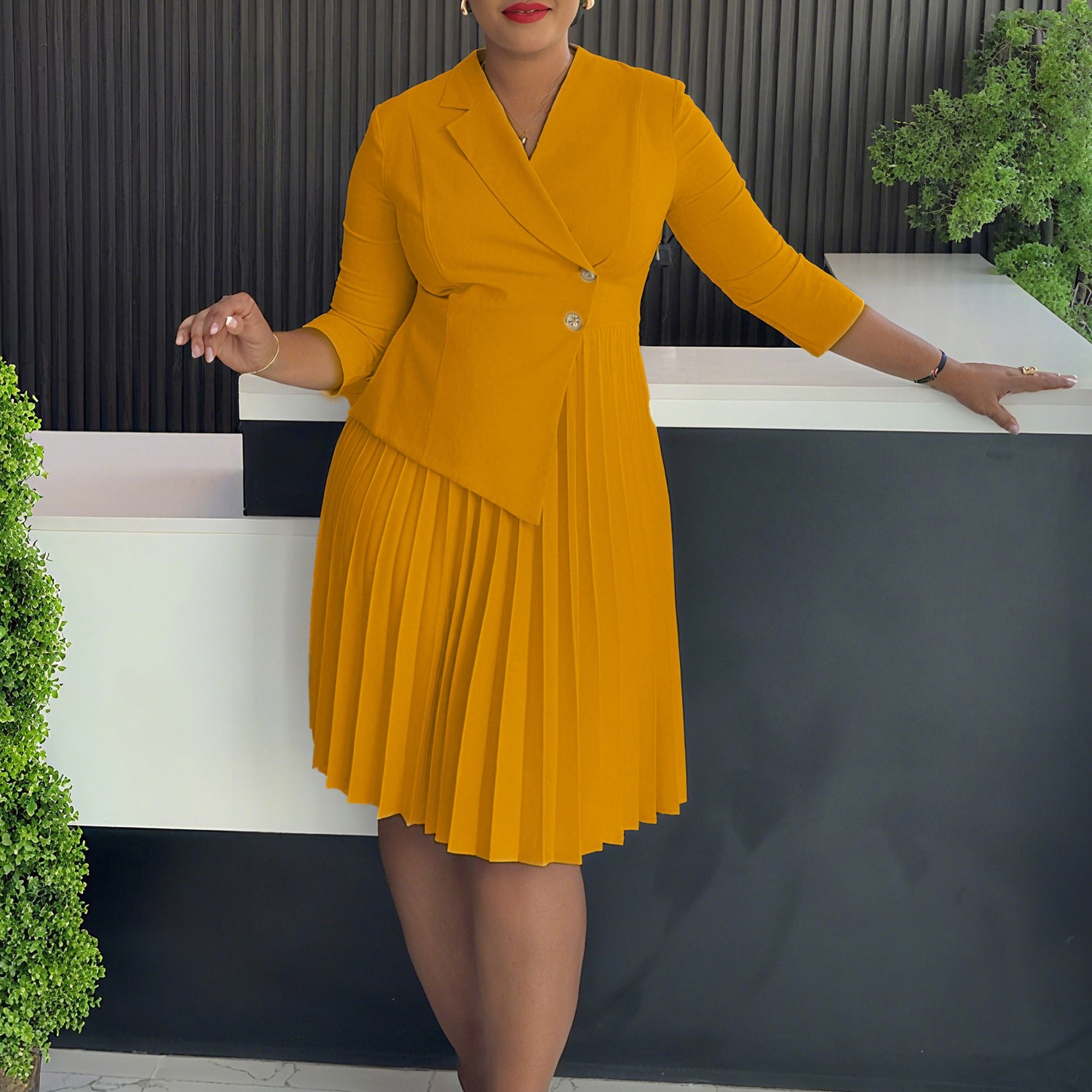 Plus Size Women Winter Turndown Collar Pleated Shirt Dress 7