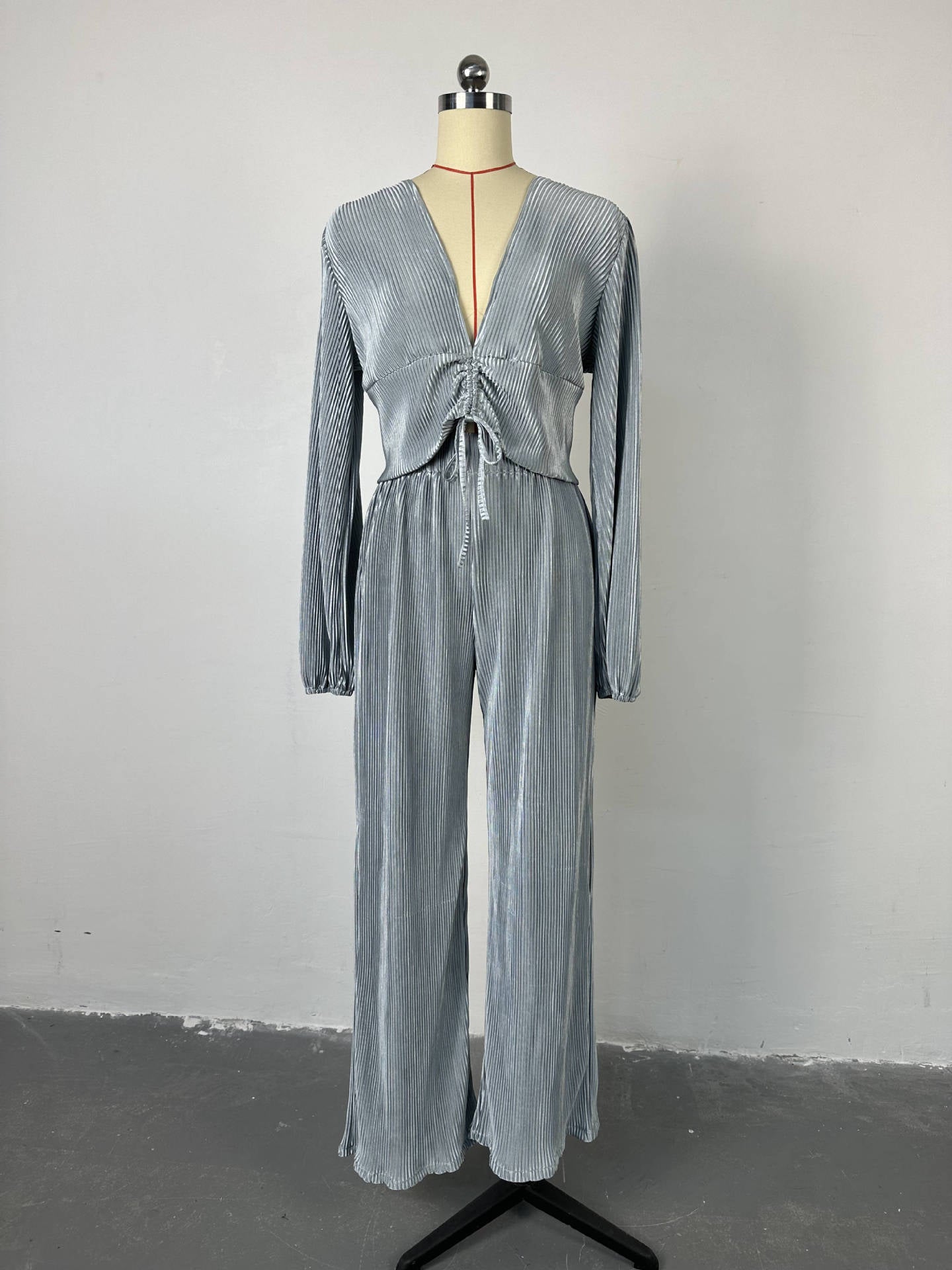 Women's Autumn Fashion V-Neck Puff Sleeve Top Wide Leg Trousers Casual Two Piece Set 10