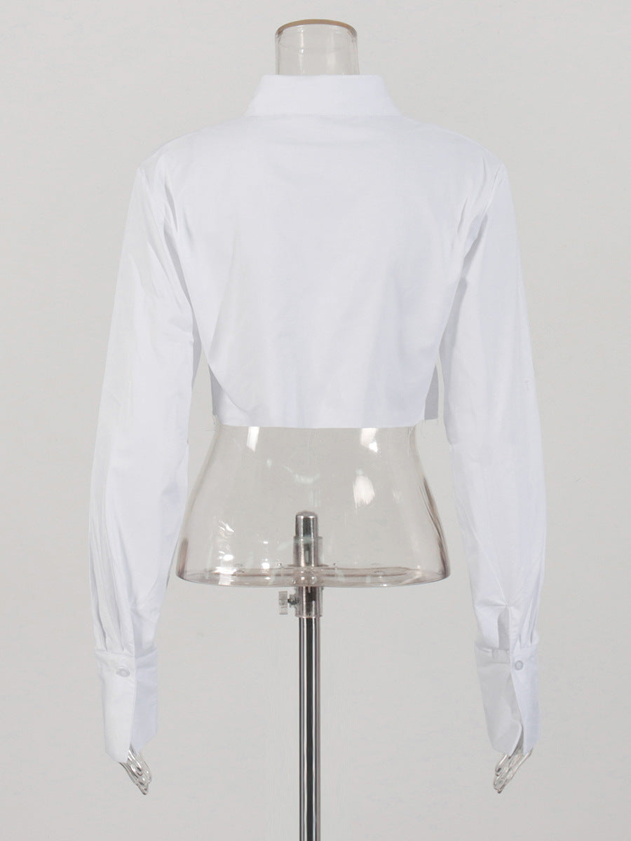 Fashionable Casual Top Spring Turndown Collar Long Sleeve Short Solid Shirt 6