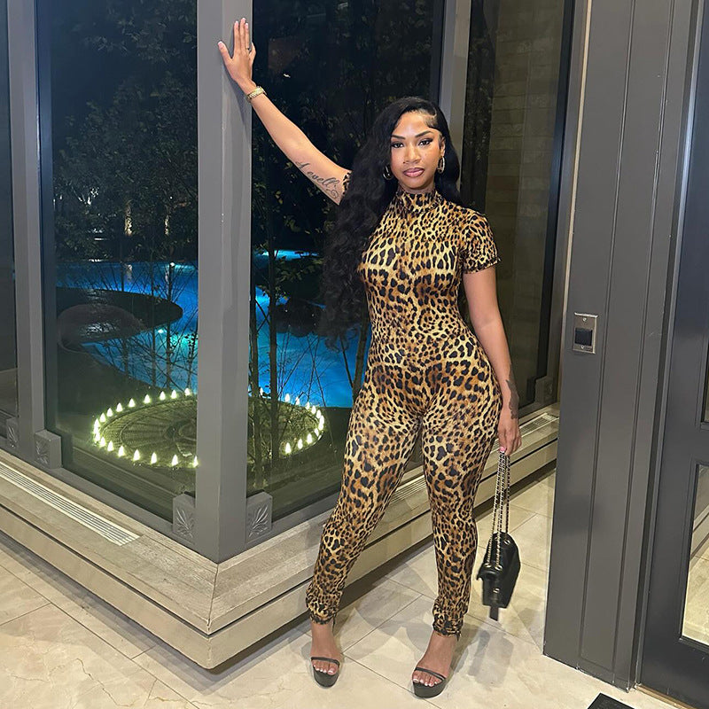 Women Spring Sexy Style Printed Short Sleeve Jumpsuit 4