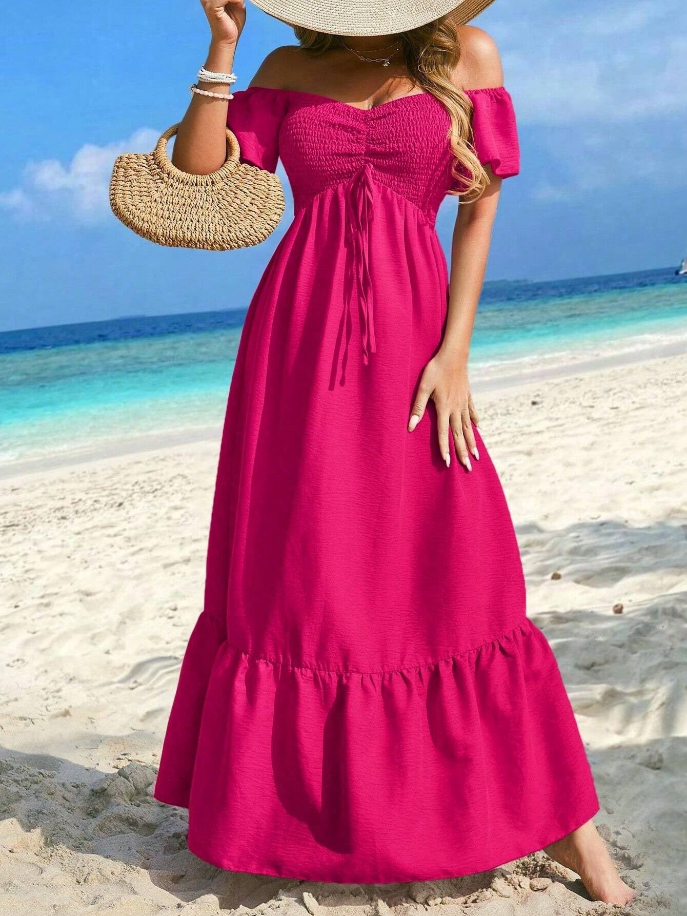 Women Gathered V-Neck Short Sleeve Holidays Dress 7