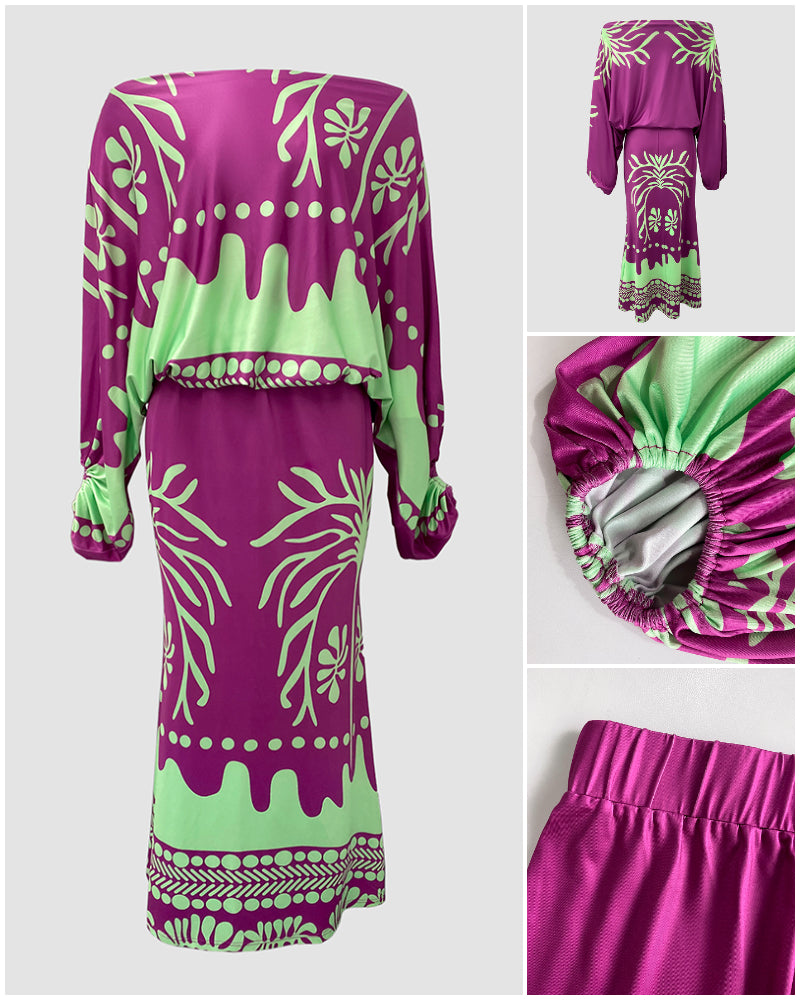 Women Printed Lantern Sleeve Top and Fishtail Skirt Two-Piece Set 8