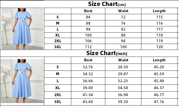 Women's Summer Trendy Puff-Sleeve Elegant High-Waist Solid Round Neck A-line African Dress 29