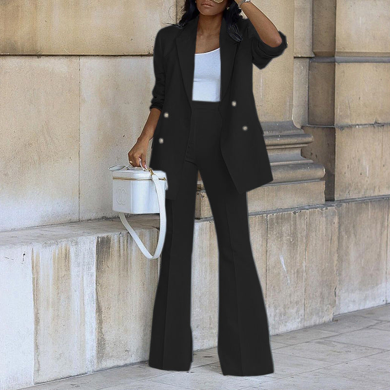 Women's Fall Solid Casual Suit Wide Leg Pants Suit Two Piece