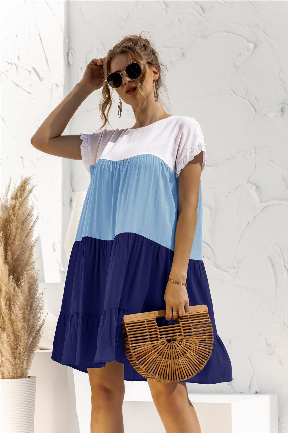 Women Summer Colorblock Loose Short Sleeve Dress 13