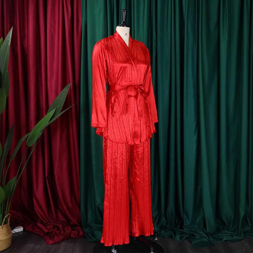 Women's Solid Color Pleated Loose Long Sleeve Lace-Up Shirt-Pants Two-Piece Set 16