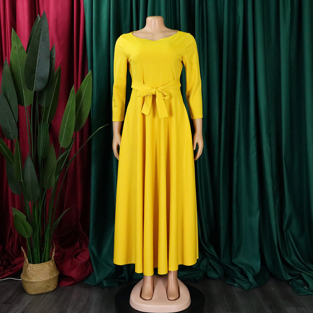 Women's Fall Winter Fashion Chic Solid long sleeve Belted African Plus Size Maxi Dress 29
