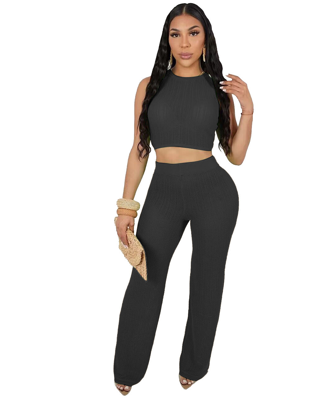 Women's Casual Hollow Knitting Sleeveless Two Piece Pants Set 11