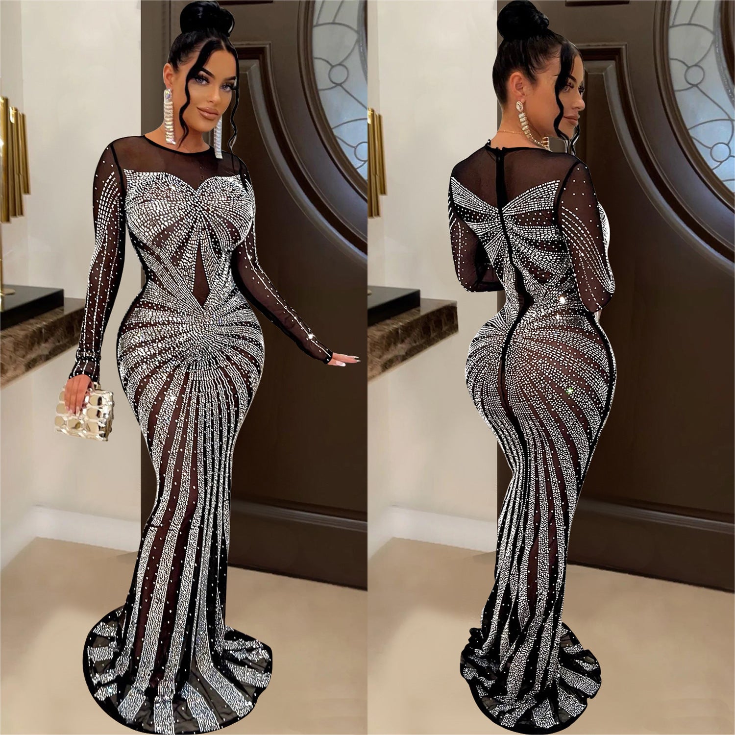 Women Solid Color Mesh See-Through Beaded Long Sleeve Maxi Dress 6