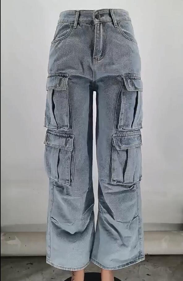 Pocket Cargo Washed Denim Pants Wide Leg Women Jeans 7