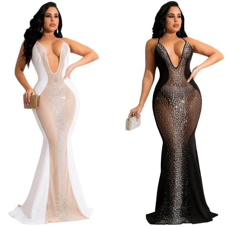 Spring Women Sexy White Rhinestone Beaded See Through Plunge V-neck Straps Mermaid Evening Dress 5