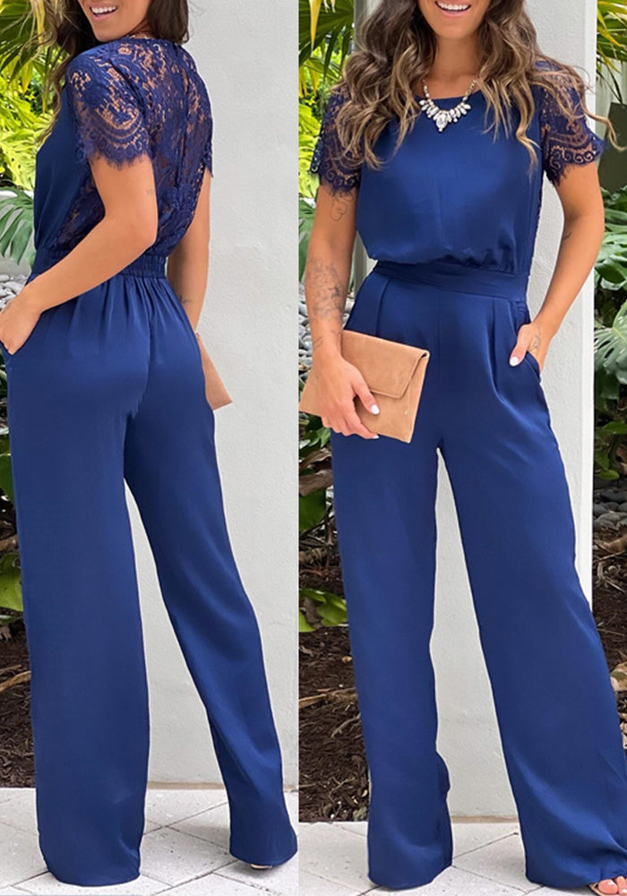 Women's Solid Color Short-sleeved Lace Patchwork Elastic Waist Casual Jumpsuit