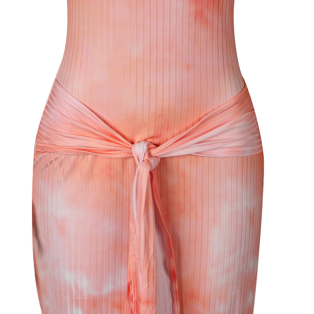 Women Ribbed Tie Dye Printed U Neck Lace-Up Dress 16