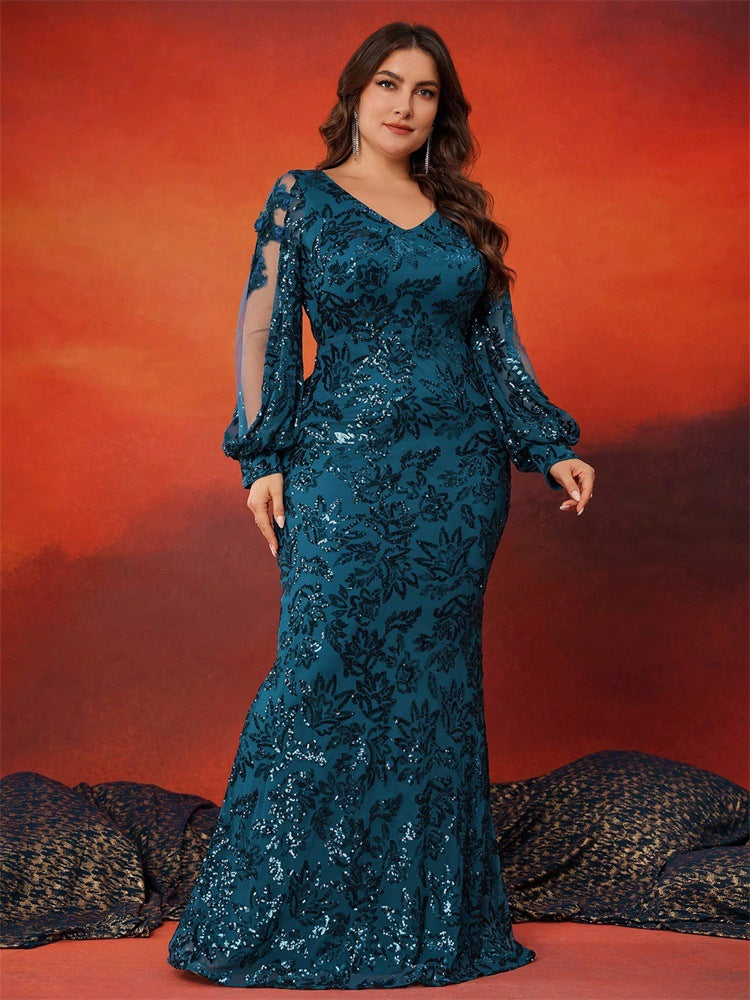 Plus Size Women V-Neck Sequined Long Sleeve Elegant Fishtail Evening Dress