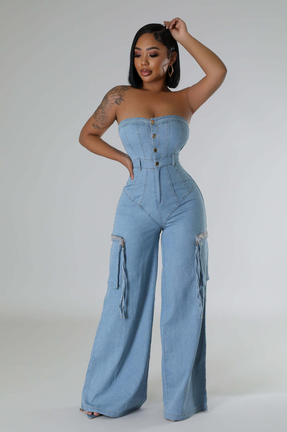 Casual Stylish Strapless Women’s Pockets Cargo Denim Jumpsuit 3