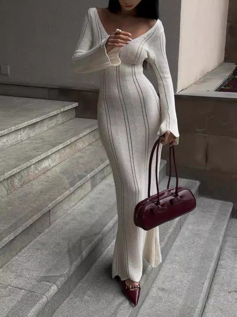 Autumn and winter women's fashion hollow solid color knitting Holidays long dress 4