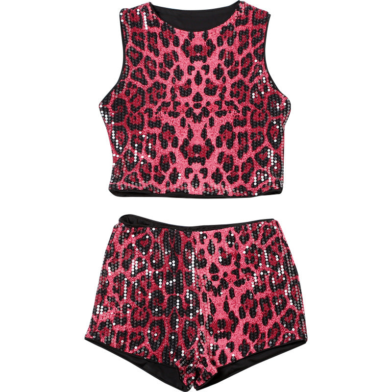 Women sexy animal leopard sequin sleeveless Top and shorts two-piece set 8