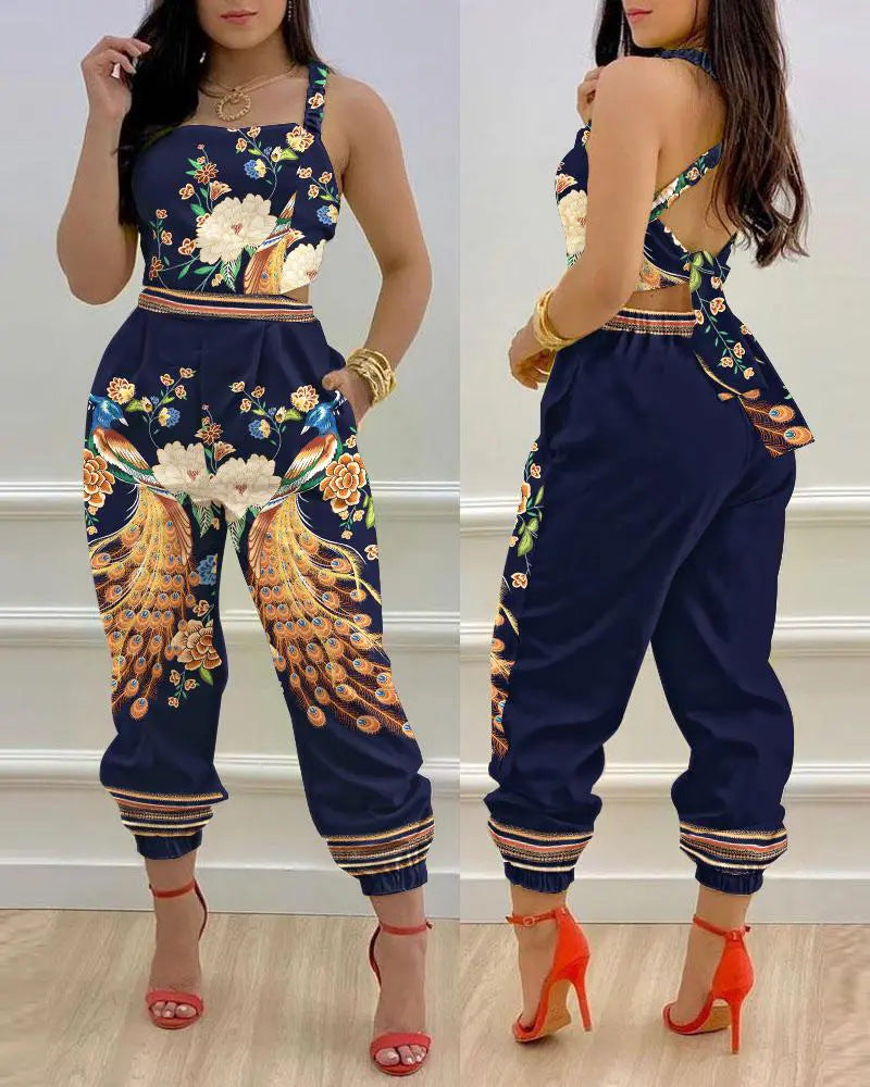 Summer Fashion Printed Straps Backless Jumpsuit 12