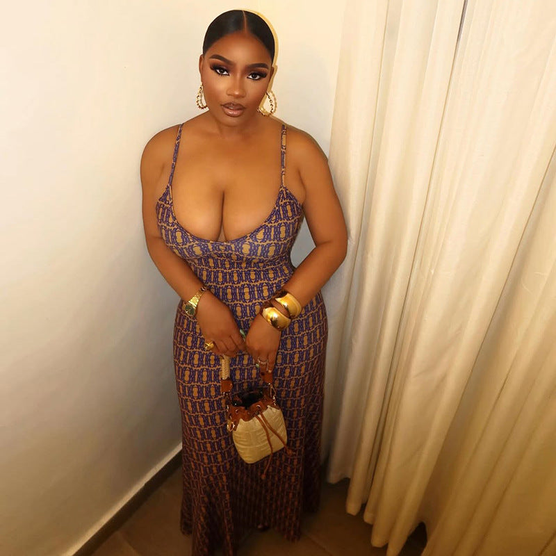 Printed Strap Low-Back Sleeveless Long Dress