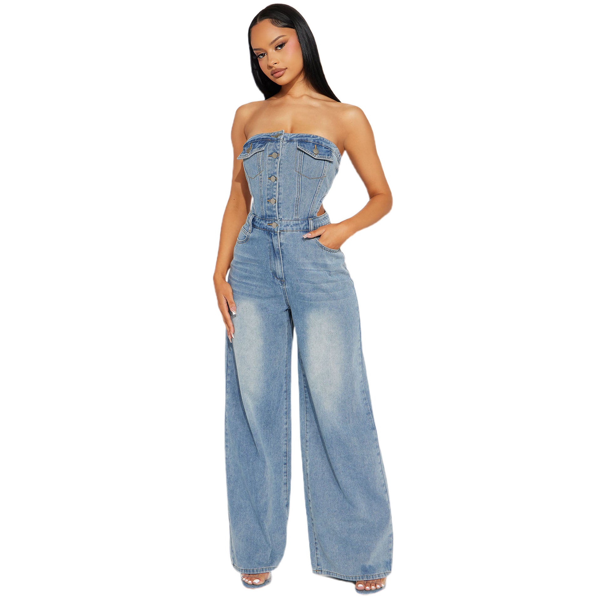 Women Strapless Off Shoulder Wide Leg Denim Jumpsuit 6
