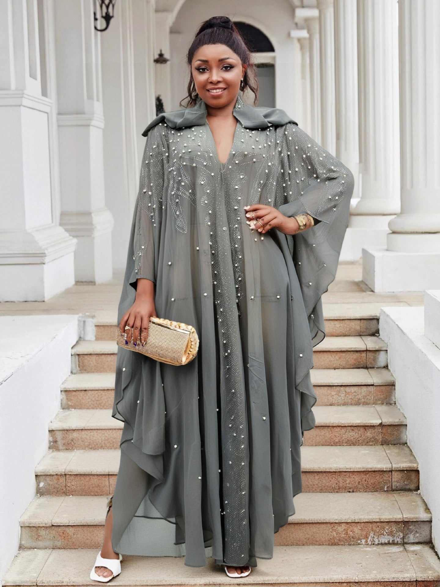 Women Bat Sleeves See-Through Mesh Beaded Beaded Cape Hooded Cape Dress 7