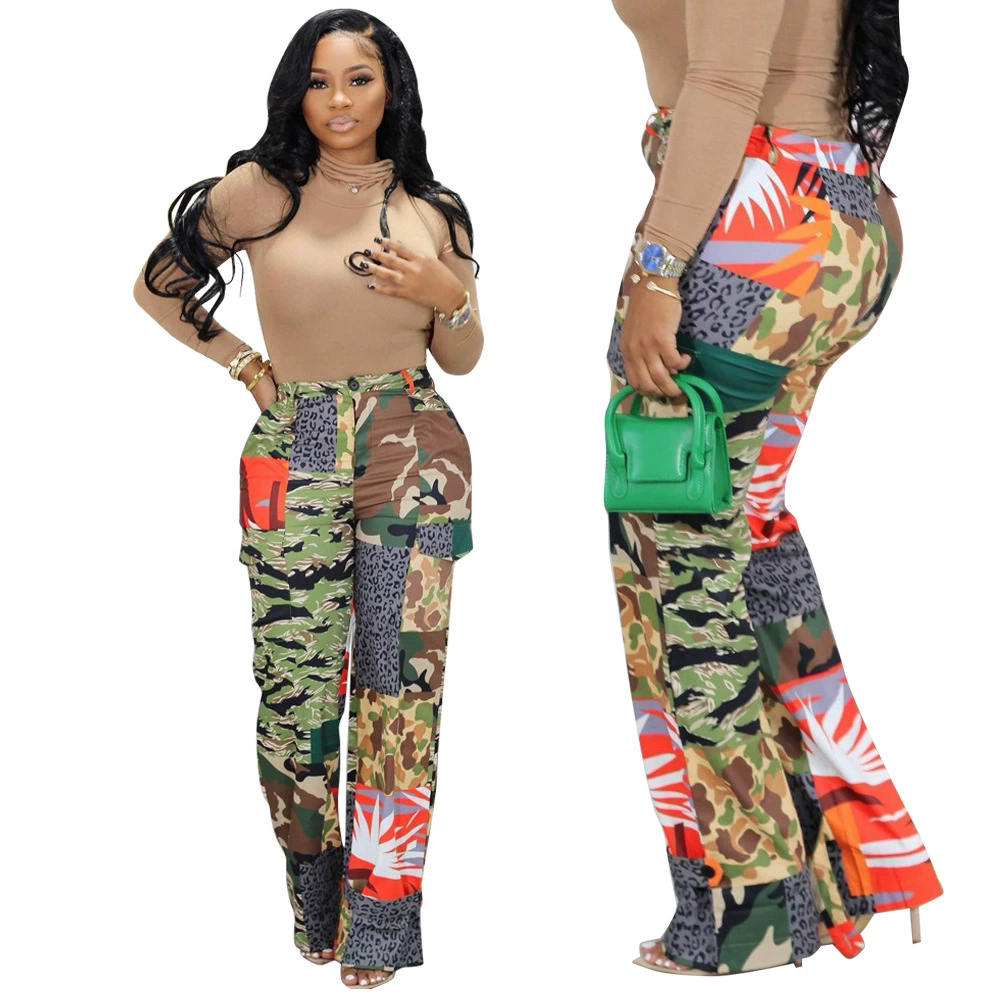 Summer Women'S Button Zipper Camouflage Straight Trousers Cargo Pants