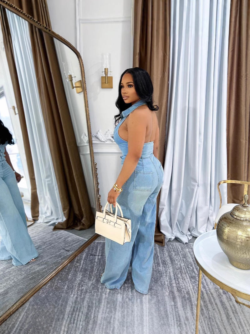 Women's Sexy Open Back Halter Neck Long Denim Jumpsuit 6