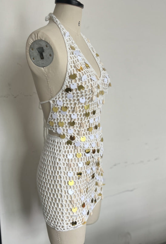 Halter Neck Two-Piece Summer Women's Sexy Low-Back Skirt Set with Shell Decor 7