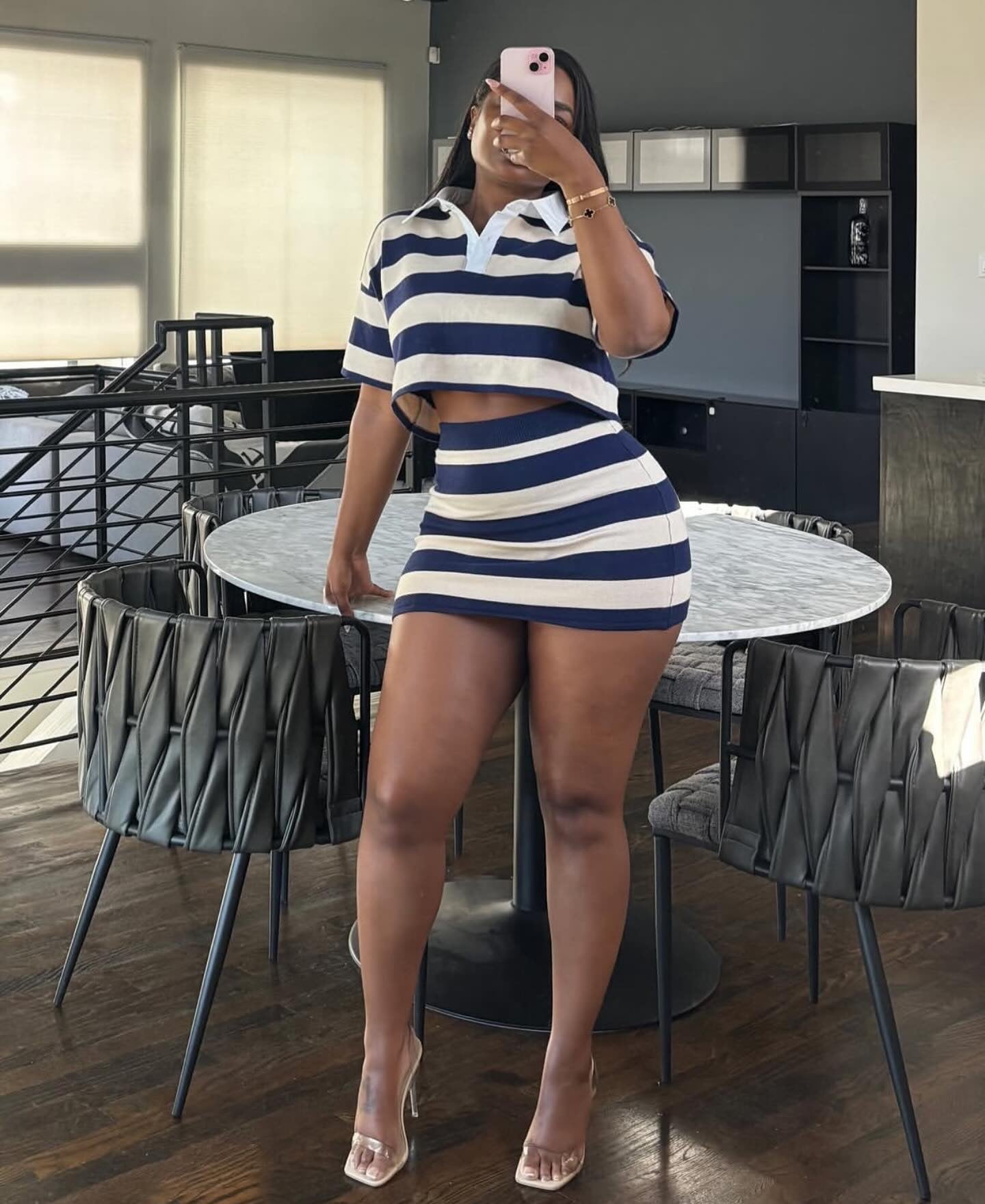 Women Striped Contrast Turndown Collar Crop Top and Skirt Two-Piece Set 3