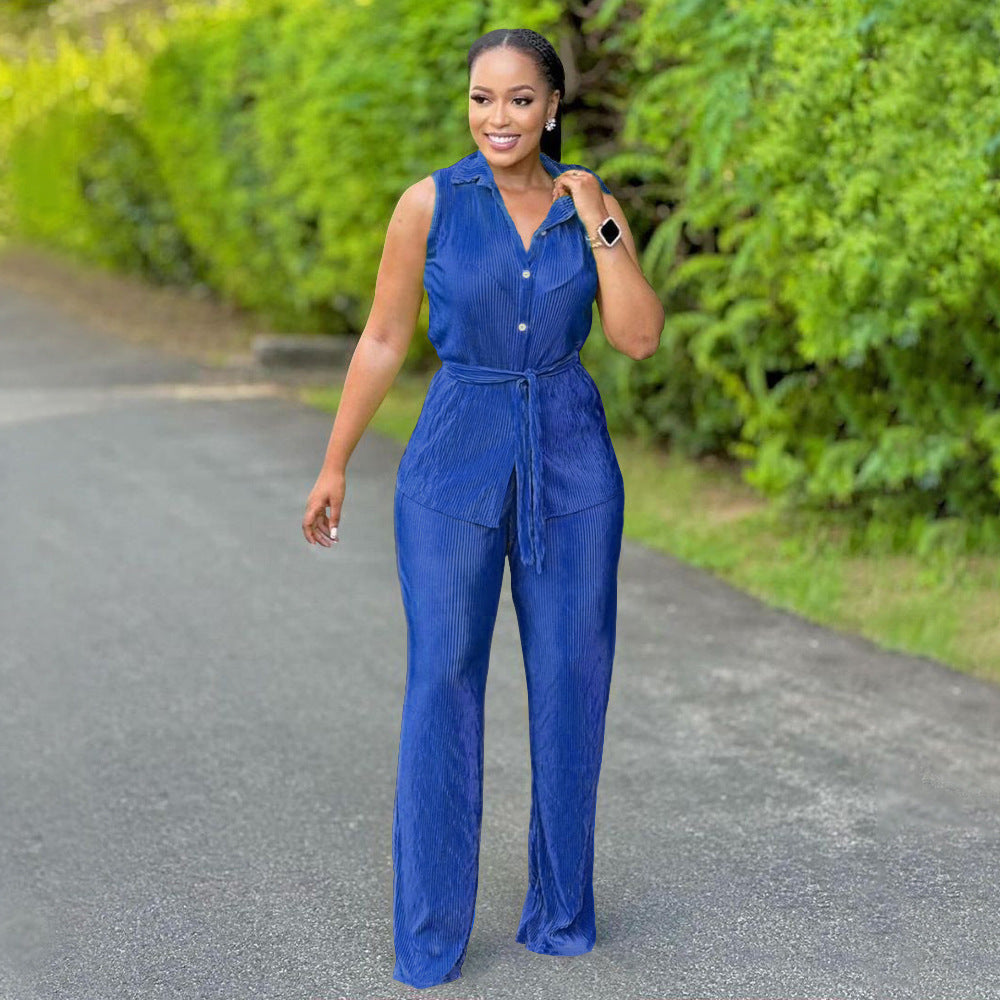 Fashionable Women's Sleeveless Pleated Casual Two Piece Pants Set 5