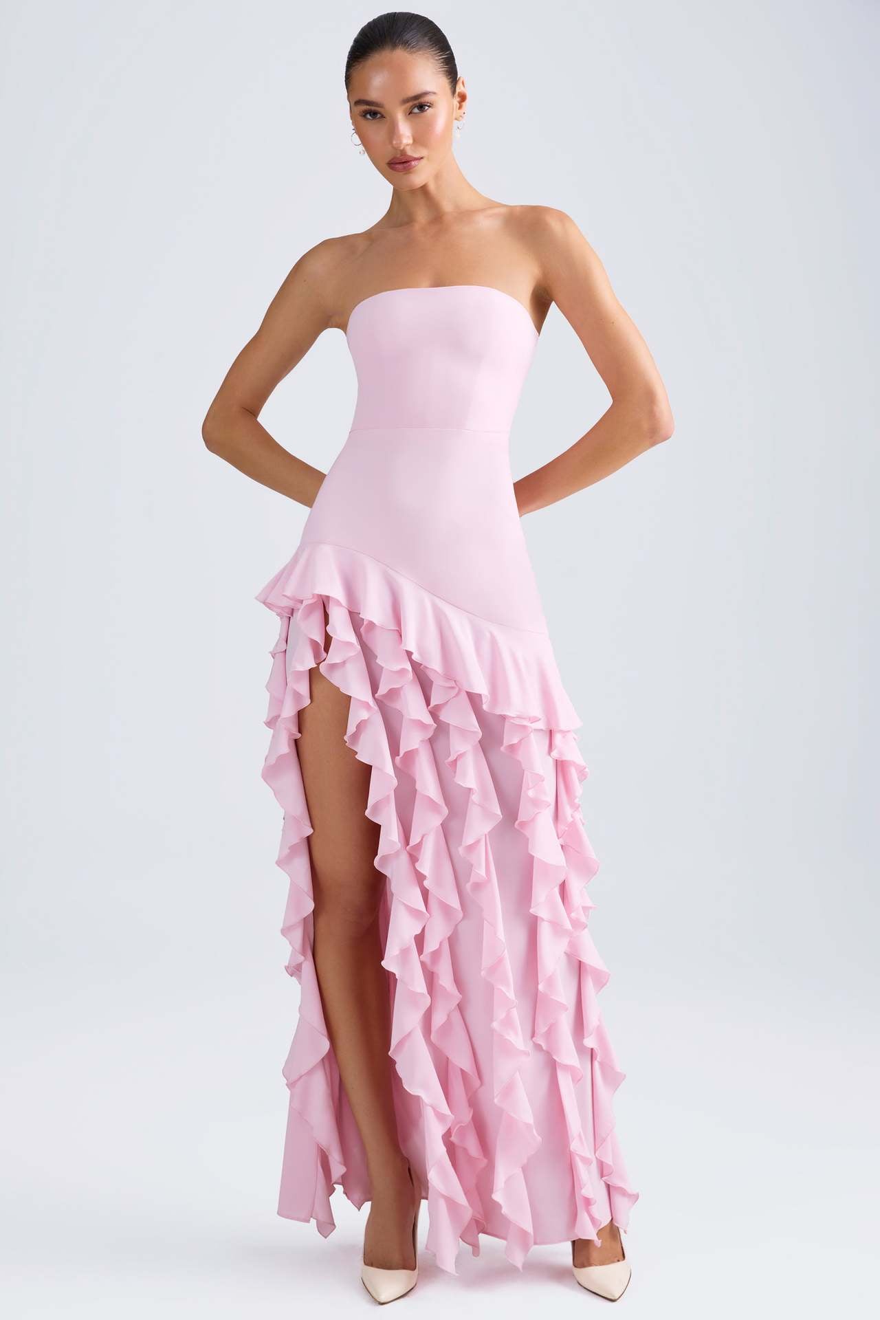 Summer Strapless Ruffle Solid Color Side Slit Chic Dress 8