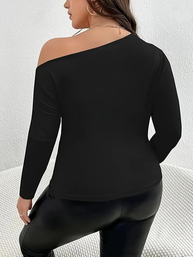 Plus Size Women T-Shirt Autumn Winter Fashion Slash Shoulder Chic Long Sleeve Top