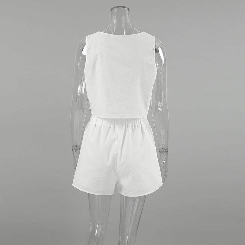 Women Spring and Summer Casual white sleeveless round neck vest lace-up shorts Two Piece Set 11