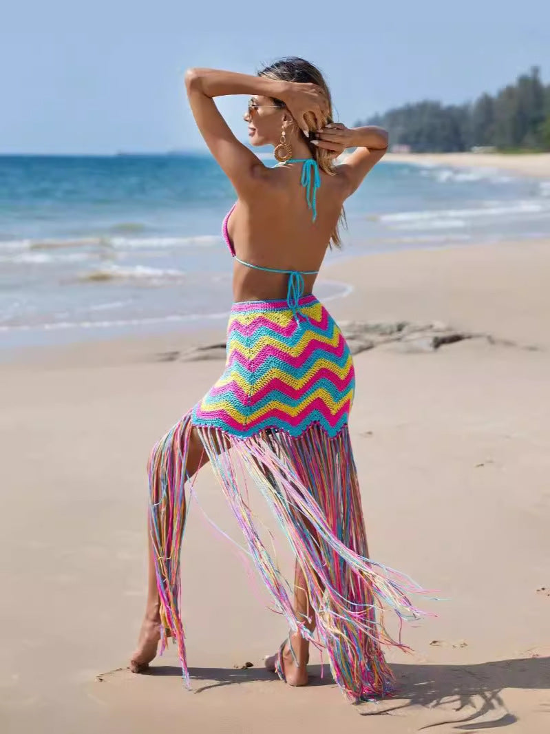 Women sexy crocheted wave pattern fringed beach cover-up dress two-piece set 5