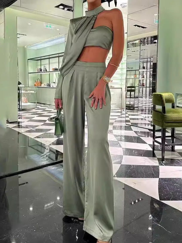 Women Elegant Halter Neck Slash Shoulder Strapless Sexy Crop Top and Wide Leg Pants Two-piece Set 6