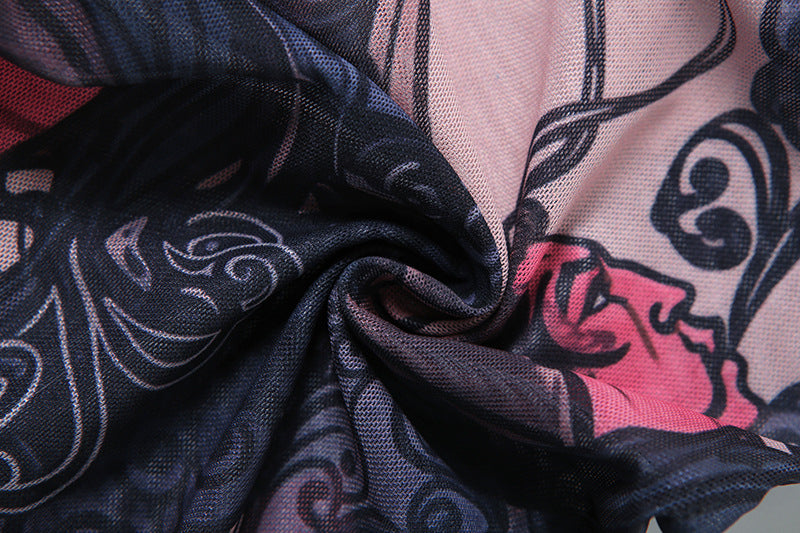 Women Summer Street Trend Mesh See-Through Print Backless Jumpsuit 30