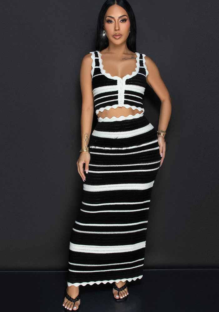 Women Striped Casual Tank Top Beach Bohemian Contrast Skirt Knitting Two-Piece Set