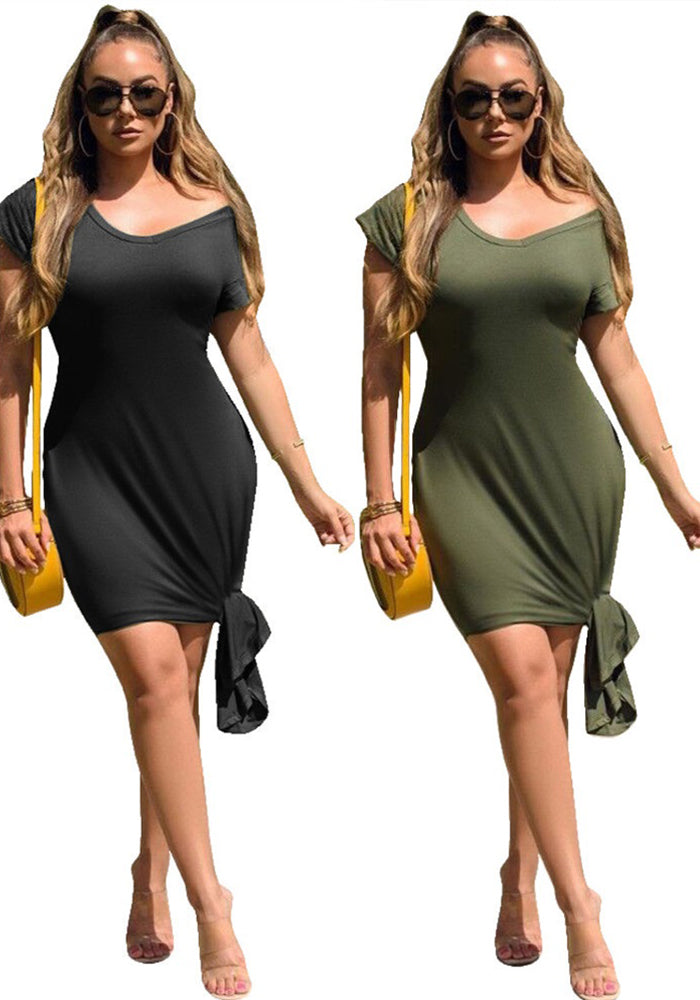 Women Spring and Summer Solid Side Lace-Up Dress