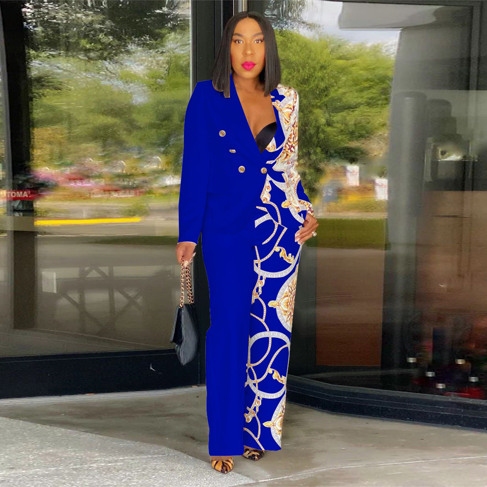 Fashionable Women's Turndown Collar Long Sleeve Printed Suit Two Piece Set 4