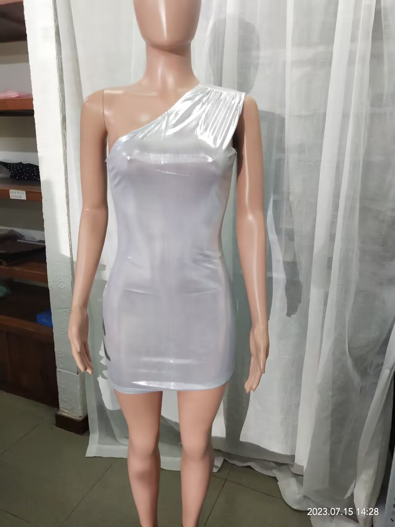 Fashion one-shoulder asymmetric pu Bodycon sexy nightclub dress 25