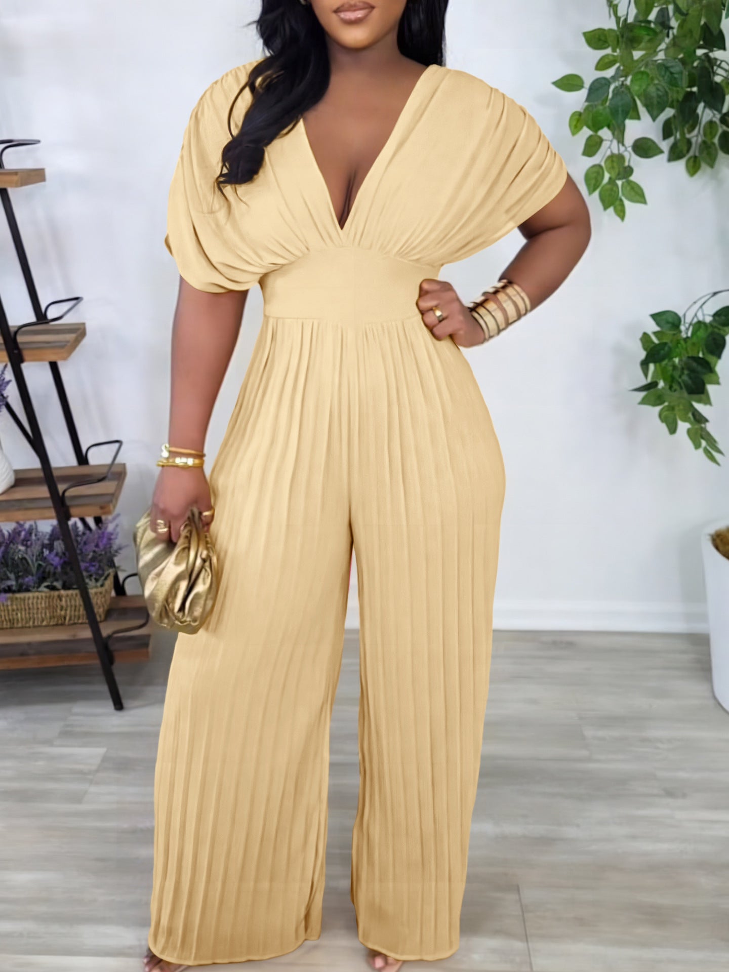 Women V-Neck Solid Sexy Pleated Jumpsuit 7