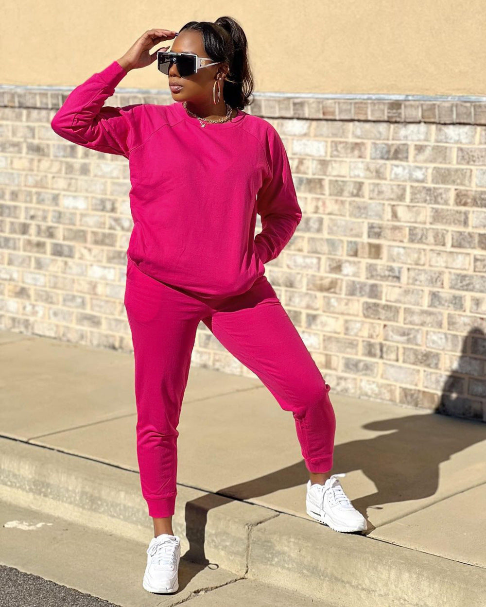 Women's Autumn winter solid color cotton drawstring pocket sports longs leeve two-piece pants set 7