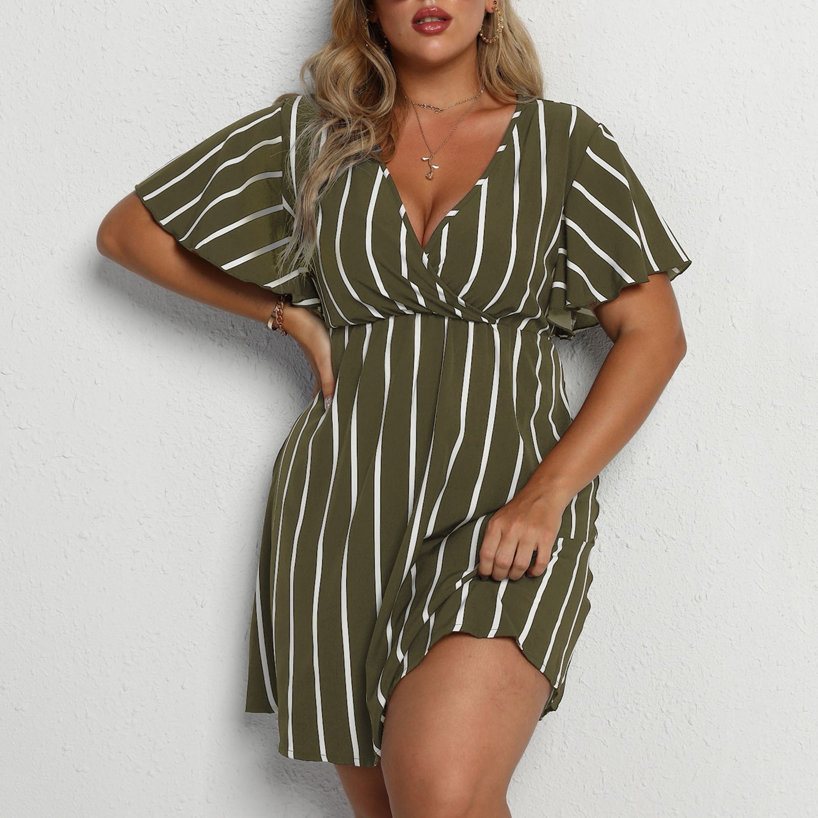 Plus Size Women Striped V-Neck Short Sleeve Loose Bohemian Dress 8