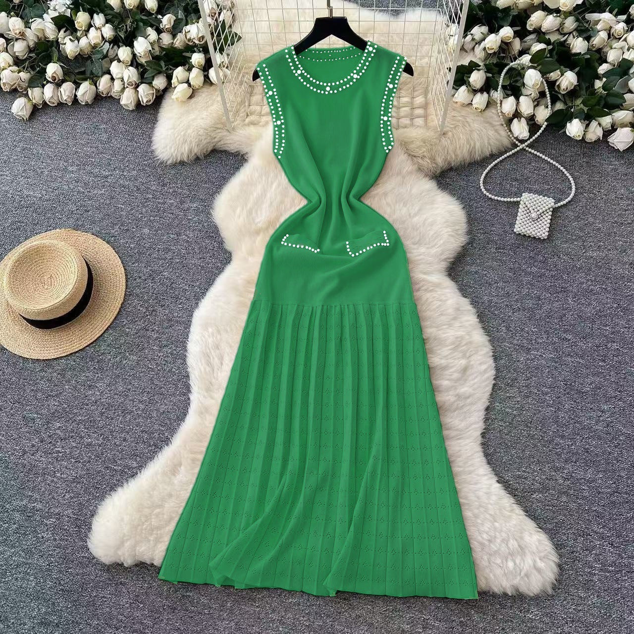Women's Summer Beaded Sleeveless Knitting Long Dress 12